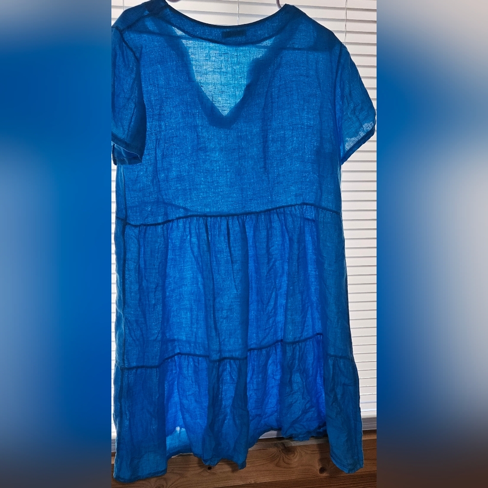Vibrant Blue Linen Short Sleeve Dress - Picture 4 of 6